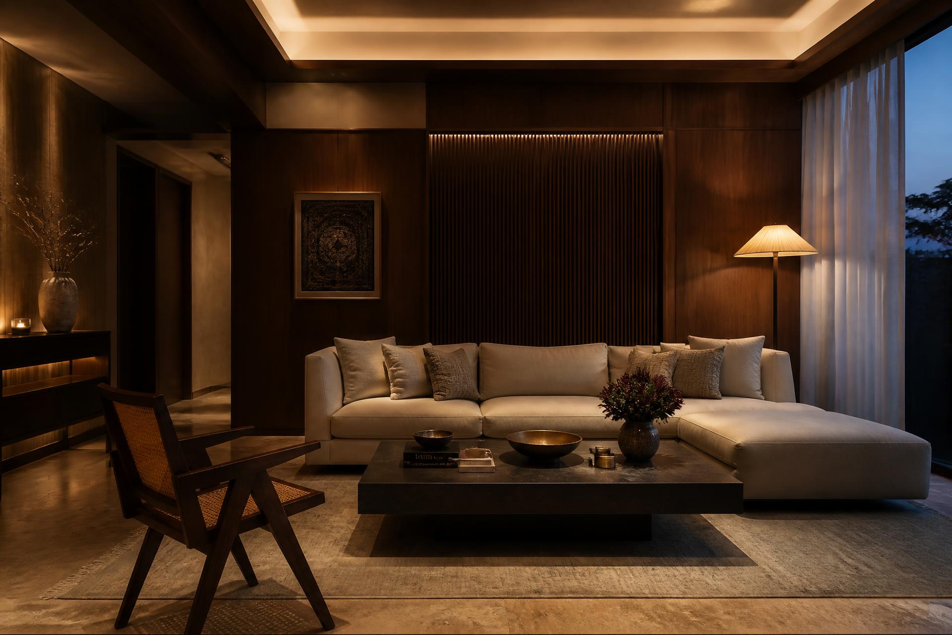 Living room with teak panelling, fluted wall detail and layered warm lighting at dusk