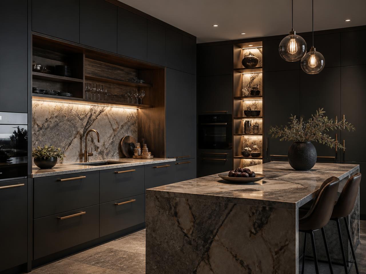 Modular kitchen with graphite cabinetry, marble island and brass handles