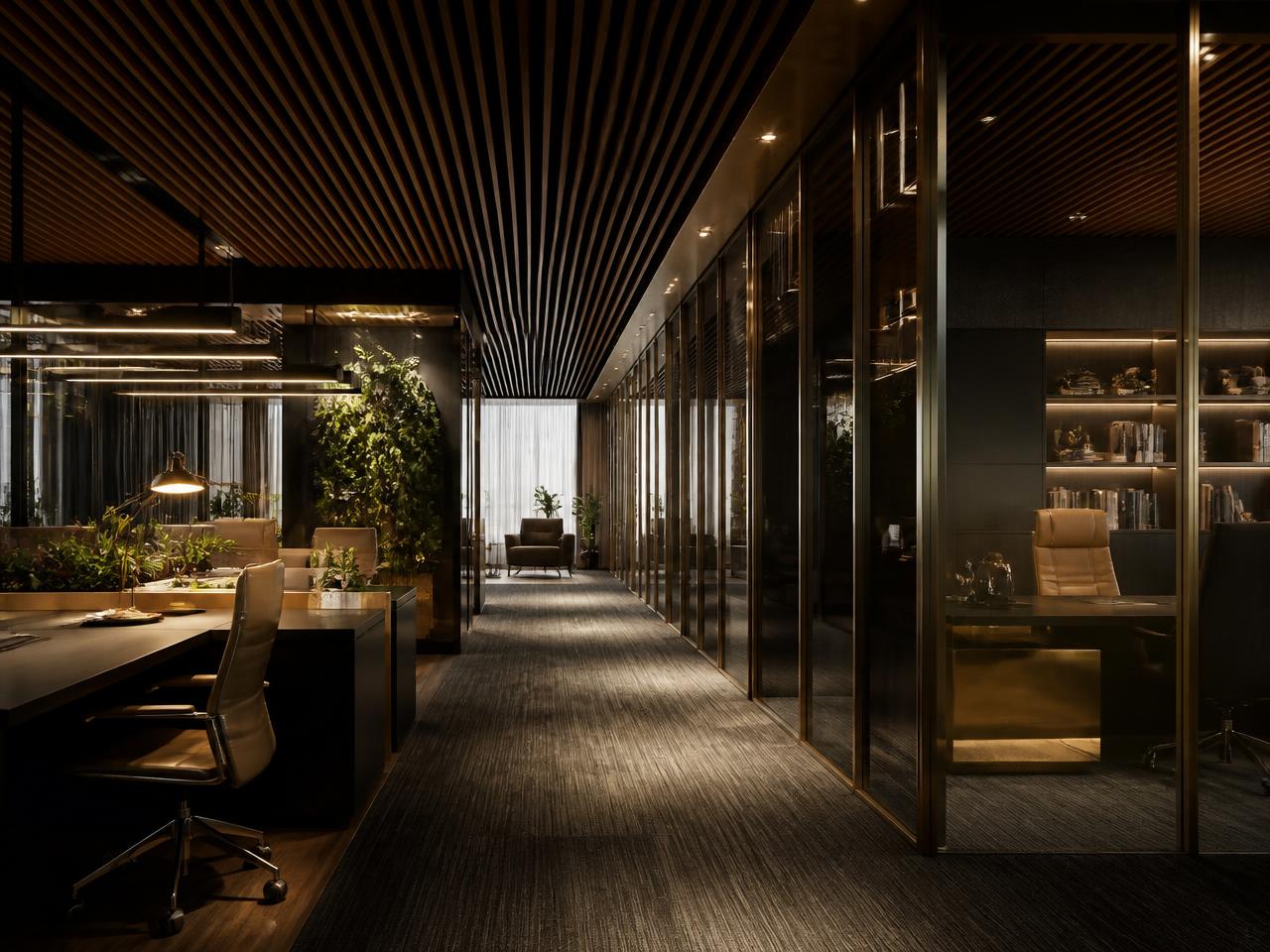 Office floor with oak slat ceiling and glass cabins