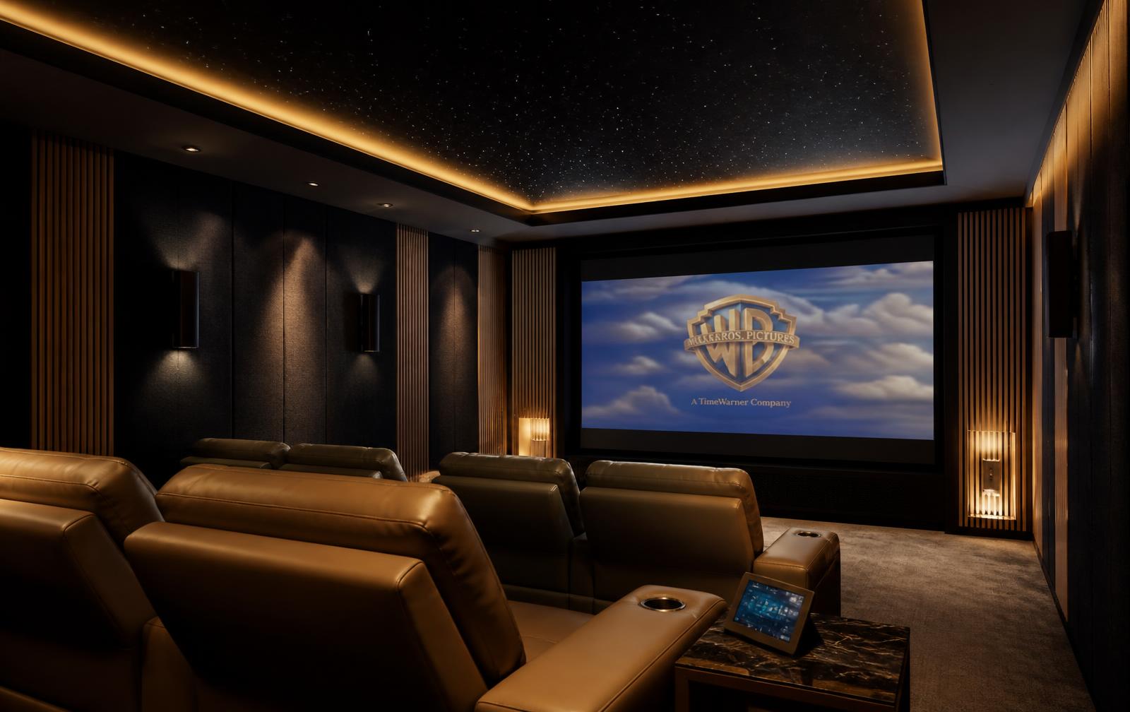 Private home theatre with acoustic wood panelling, star ceiling and tan leather recliners